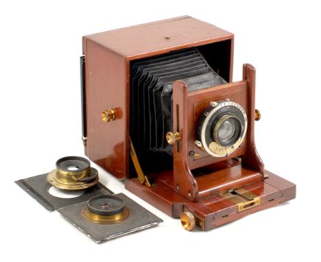 Unnamed Brass and Mahogany Field Camera. Note from vendor suggests "Sinclair?". With Dallmeyer #2 Stigmatic Series II in Deck