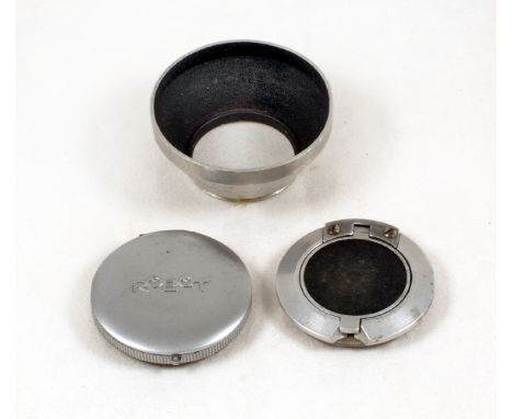 Two Rare Robot Lens Caps, Flip-up Versions. (condition 5/6). Also an after-market lens hood.[cabinet G]