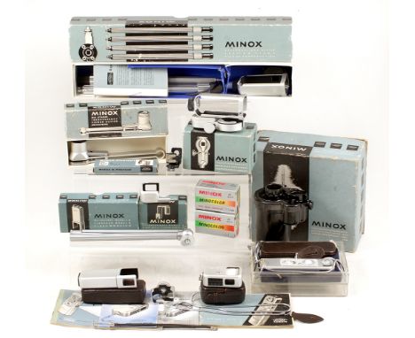 Extensive Minox B Subminiature Outfit. Comprising Minox B camera (meter working, condition 5F) with case in presentation box;