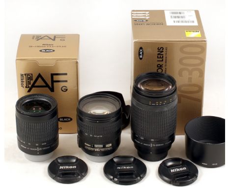 Three Nikon Autofocus Zoom Lenses. Comprising 28-100mm f3.5-5.6 G #2254162 in makers box; AF-S 18-70mm f3.5-4.5 G ED DX (slig