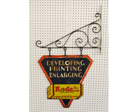 Large, Hanging Kodak "Developing Printing Enlarging" Sign. Two-sided, with original wall bracket and hangers. As is usual wit