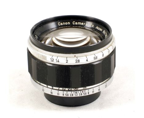 Uncommon Canon L39 50mm f1.2 Screw Mount Lens. #12824 (slight ding in filter ring, otherwise condition 5E). Replacement caps.