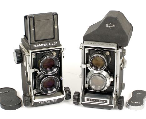 Two Mamiya Professional TLR's. Mamiya C220 #B115854 with Mamiya 80mm f2.8 lens (sticky residue to rear of camera, otherwise c