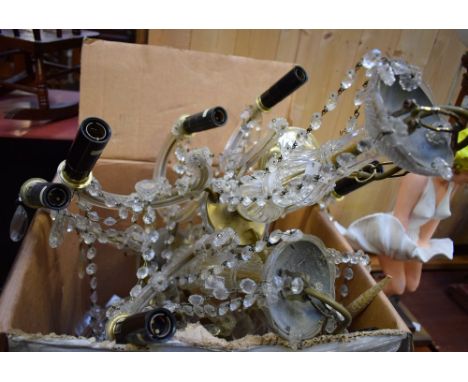 Lighting - a pair of five branch gilt metal and glass chandeliers and a pair conforming two branch wall lights (4)