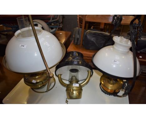 A gimbal ships oil lamp; another, Veritas ceiling oil lamp; anothe similar (3)