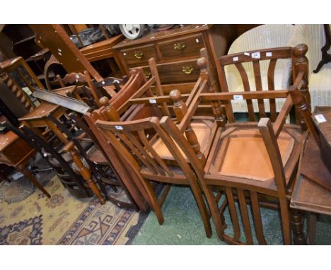 A planished copper faux fire hood; an oak barley twist standard lamp; a set of four oak dining chairs; two concert chairs; a 