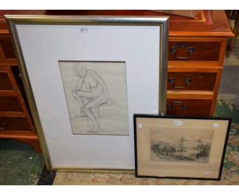 Pictures and Prints - S. M. Davies, Life Drawing of a Female Nude, pencil; S. C. Rowles, Tower Bridge, etching, signed in pen