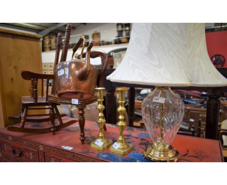 A miniature reproduction balloon back dining chair; a miniature rocking chair; a Victorian brass kettle; a cut glass globular