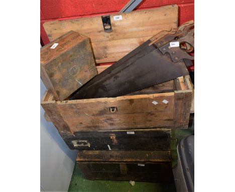 Three pine tool boxes and tools including Max Sievert blow torch; another; hand tools including saws, hand drill; etc 