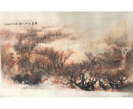 Large 20th Century Chinese ink scroll within stained wood case, painted with a landscape 69cm x 136cm