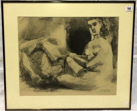 After Pablo Picasso Homme Couche et Femme Assise Lithograph With pochoir stencilled signature in green 42 x 52cm