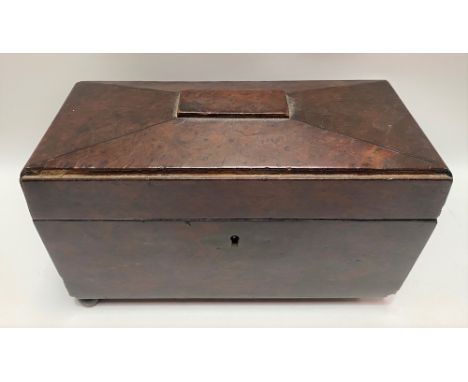 19th Century burr veneered tea caddy hinged to reveal three sections (glass mixing bowl missing), width 29cm (af).