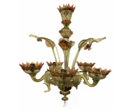 A Venetian glass five branch chandelier in light green and cranberry, height 58cm. (One leaf branch in need of repair).