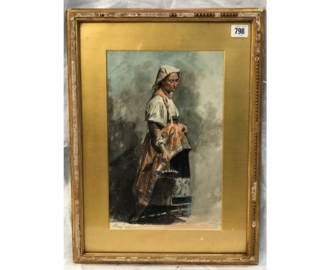 19th century Italian School Full length portrait of a woman in  traditional dress Watercolour Indistinctly signed 35 x 22cm