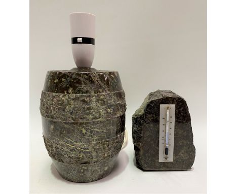 Cornish serpentine table lamp base in the form of a coopered barrel, height 16cm; together with a Cornish serpentine thermome