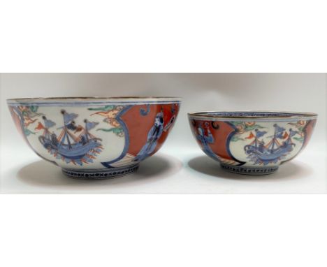 Pair of Japanese graduated porcelain underglaze blue and enamel painted bowls, the well decorated with a ship within a border