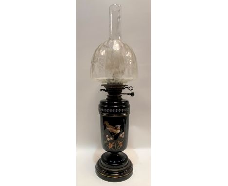 Unusual Victorian Jackfield Pottery oil lamp, of pedestal form and enamel decorated with birds amongst foliage, stamped 633 t