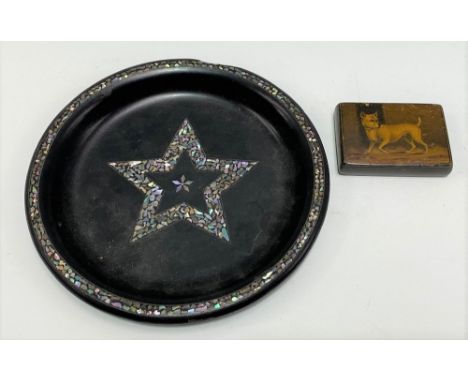 19th Century rectangular hinge-lidded snuff box, the lid painted with a dog, indistinctly signed, width 8cm; together with a 