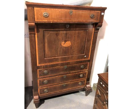 19th Century mahogany inlaid secretaire abattant, the moulded top over a long drawer and fall front enclosing an open shelf, 