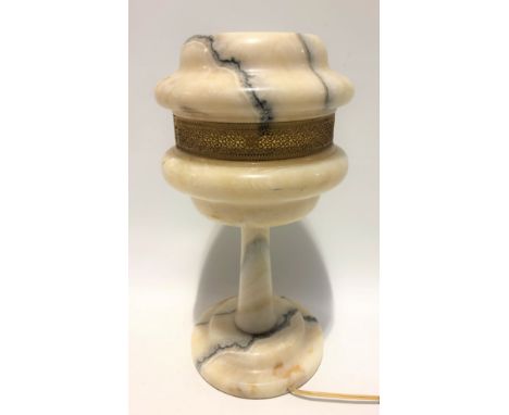 Alabaster turned table lamp with central gilt metal pierced fret, height 36cm