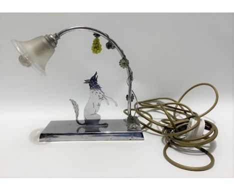 A French Art Deco chrome 'Fox and the Grapes' Aesop Fable table lamp by W.L. Paris, with original glass shade, width 22.5cm