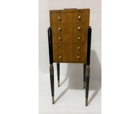 Art Deco continental walnut, ebony and bone inlaid slender chest of five drawers, of square section, with caddy top and raise