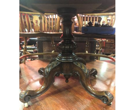 Victorian burr walnut veneered oval tilt-top breakfast table upon turned and fluted pedestal with four outswept feet with lea