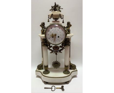 French white marble Portico two-train clock, brass mounted, the 5in white enamel dial with Arabic numerals and indistinctly s