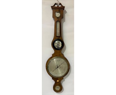 Mahogany inlaid banjo barometer with four silvered dials, the case with inset convex mirror and swan neck pediment, height 11