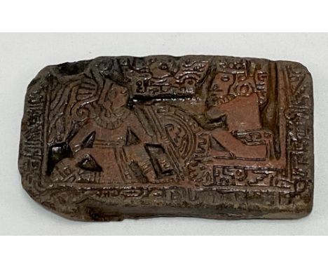 South American terracotta Maya or Inca rectangular relief plaque depicting two figures, width 10cm