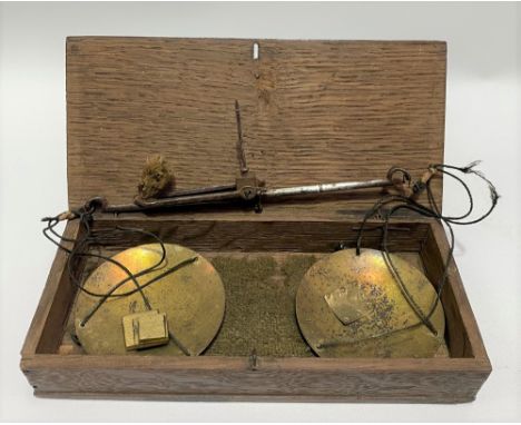 Pair of 19th Century gold scales with gram weights and within oak box