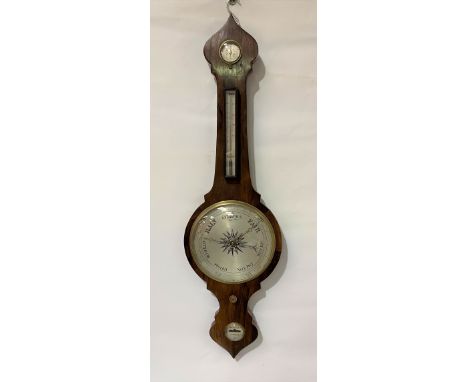 A Rosewood banjo barometer thermometer with four dials, the barometer dial 9.5in diameter, height 104cm