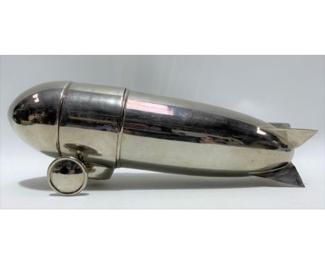 Art Deco style silver plated cocktail shaker in the form of a Zeppelin airship, length 32.5cm