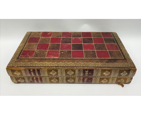 A 19th Century tooled and gilt leather folding book style chest and backgammon board, 45cm x 25.5cm closed