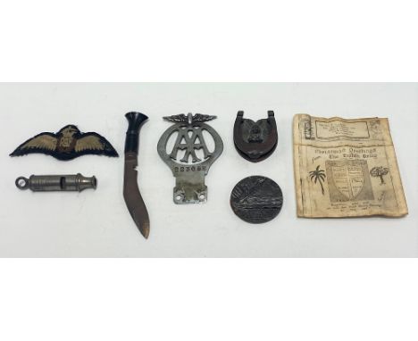 Miscellaneous items to include a Lusitania commemorative medallion, AA badge no. 22305E, WWII Christmas card from the Eighth 