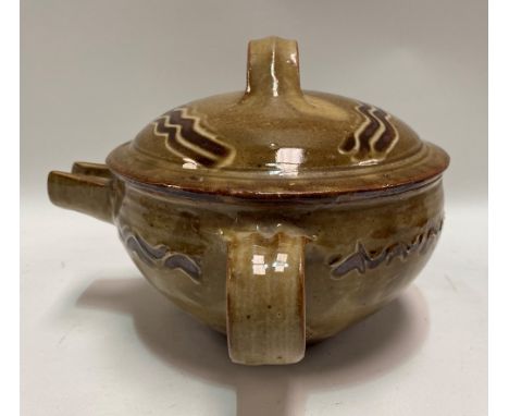 A Seth Cardew Wenford Bridge studio pottery lidded pot with finger pulled slip decoration, impressed potter and pottery seals