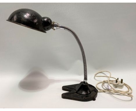A vintage industrial desk lamp upon cast iron stand by Hawkins of Drury Lane