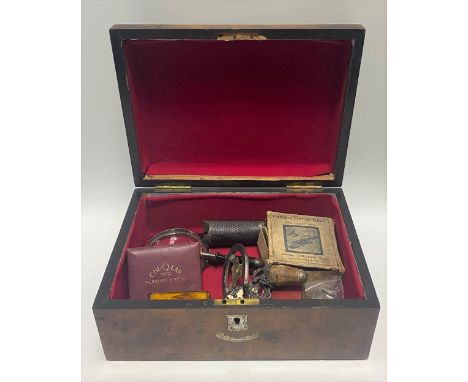 Victorian burr walnut hinge lidded box containing miscellaneous items including French topographical magic lantern, photograp