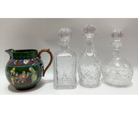 Wileman &amp; Co Foley intarsio jug, pattern 3457 (af); together with a pair of cut glass decanters and stoppers and one othe