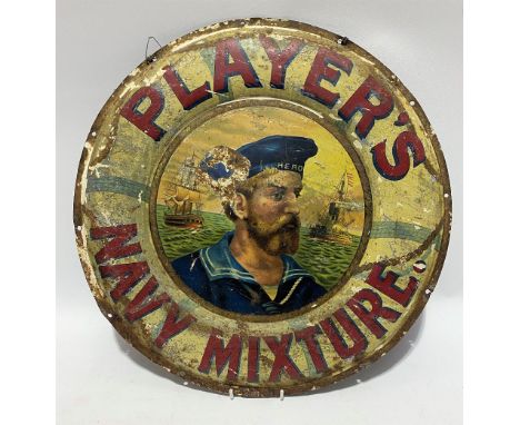 A circular litho printed metal sign for 'PLAYER'S NAVY MIXTURE', the centre with a portrait of a bearded sailor with a sail a