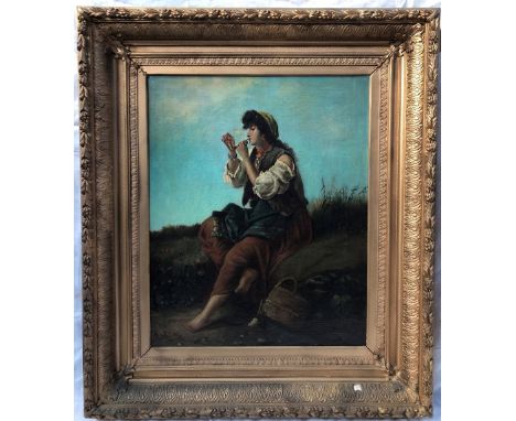 19th century Continental School Seated Gypsy Girl Lighting A Pipe Oil on canvas Indistinctly signed Richuths 66 x 53cm