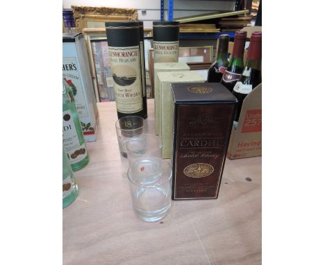 Three bottles of Glenmorangie 12year old malt whisy in card tubes, two bottles of Stags Breath whisky liquer , a bottle of Ca