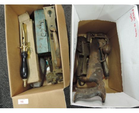 Two boxes of tools including a vintage lime wash spray syringe and brass handles etc