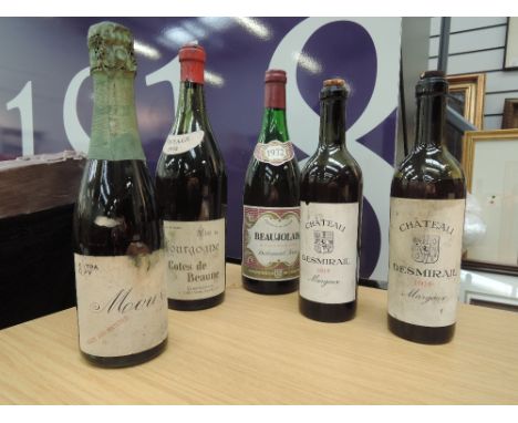 Five bottles of vintage wine including two 1914 Chateau Desmirail 