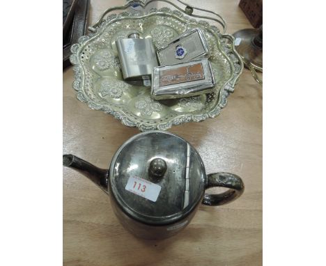 A selection of platedware including Glenfiddich hip flask and tobacco tin