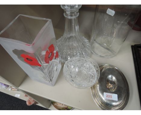 A selection of glass vases, decanter and plateware