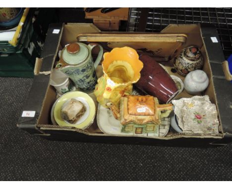 A box of mixed ceramics including cottageware teapot and Burleigh ware