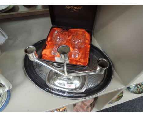 A boxed pair of Webb lead crystal glasses and plated ware including candle stick