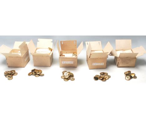 A large collection of retro vintage mid 20th century gold plastic shank buttons of flat circular form. Taken from a large pri