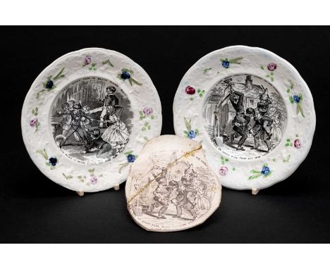 PAIR OF YNYSMEUDWY POTTERY CHILDREN'S PLATES having moulded borders, transferred with scenes of children playing games and in
